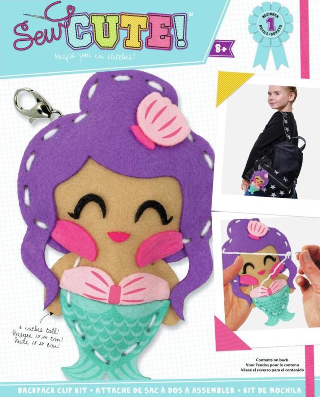 DIY Sew Cute Mermaid Kids Beginner Felt Backpack Clip Sewing Kit